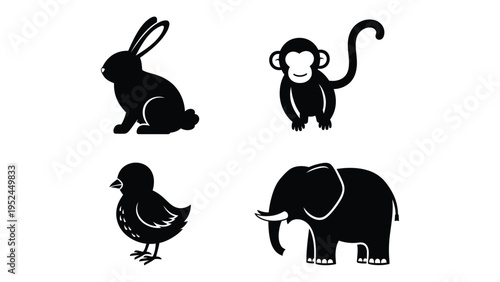 Black silhouettes of a rabbit monkey chick and elephant high quality