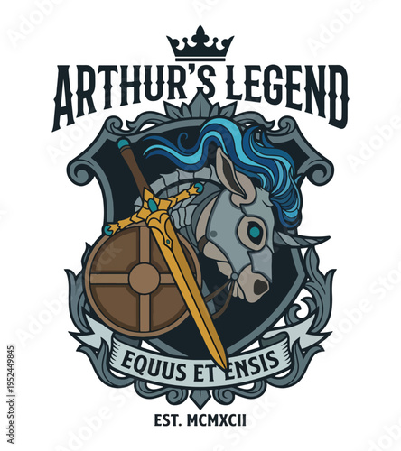 Stylized medieval crest featuring a regal horse head wearing armor and a flowing blue mane holding a golden sword and shield Best Selling T-shirt Design
