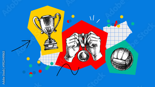 Trendy collage with trophy, medal and ball hand drawn illustration. Vector doodle sketch sport background. Poster, certificate, diploma design.