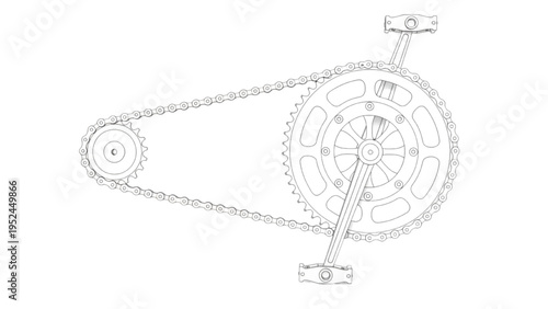 Bicycle chain drive system, CAD style engineering line art