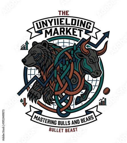 Symbolic illustration of the stock market featuring a bull and bear intertwined with financial charts and graphs indicating market trends and volatility Best Selling T-shirt Design