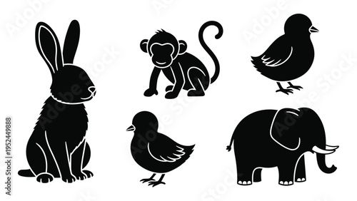 Silhouette illustrations of various animals including a rabbit monkey and elephant