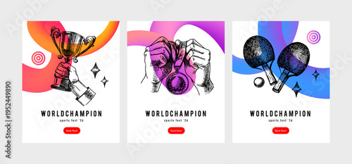 Banners with sport trophy, medal and cup, hand drawn in vintage sketch style. Celebration of athletic victory, motivation and team spirit. Vector isolated illustration