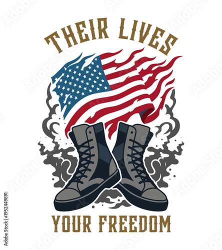 Symbolic depiction of military boots and a tattered American flag representing sacrifice for freedom Best Selling T-shirt Design