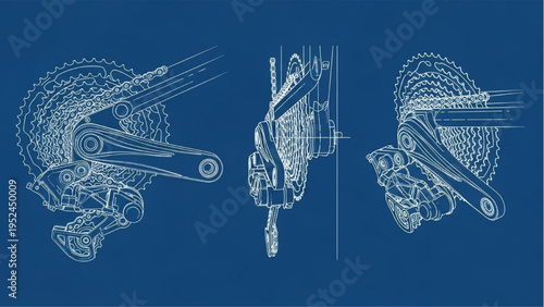 Bicycle drivetrain blueprint set, CAD engineering technical drawing
