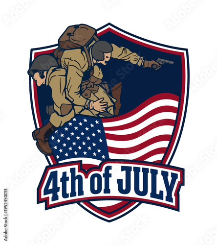Vintage style illustration of two soldiers in uniform with backpacks running with American flag and 4th of July text on transparent background Best Selling T-shirt Design