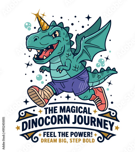 Whimsical cartoon dinosaur with a unicorn horn running with determination surrounded by stars and bubbles on a transparent background Best Selling T-shirt Design