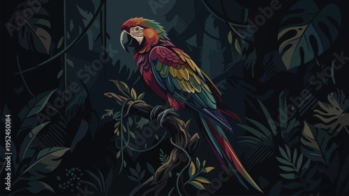 Vibrant Tropical Macaw Perched on a Branch in Dark, Lush Jungle Foliage - Detailed Vector Illustration of Exotic Rainforest Bird