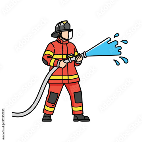 Firefighter in uniform spraying water from hose.