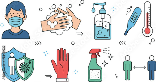 Health Safety and Hygiene Vector Illustration Set Featuring Face Mask, Hand Washing, Sanitizer, Thermometer, Gloves, Disinfection Spray, and Social Distancing Protection Measures.