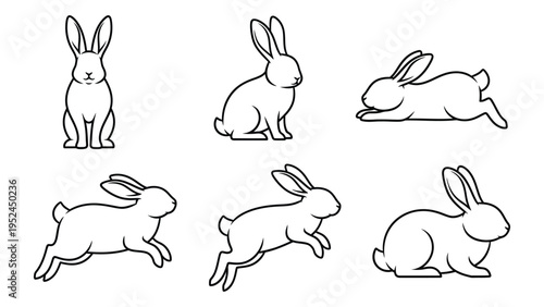 Line art illustration depicting six rabbits in various poses and positions