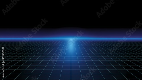 Abstract glowing blue grid line horizon stretching into a dark infinite digital cyberspace background
