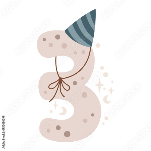 Cute Pastel Birthday Number Three Clipart in Cartoon Kids Style. Third Birthday Vector Illustration