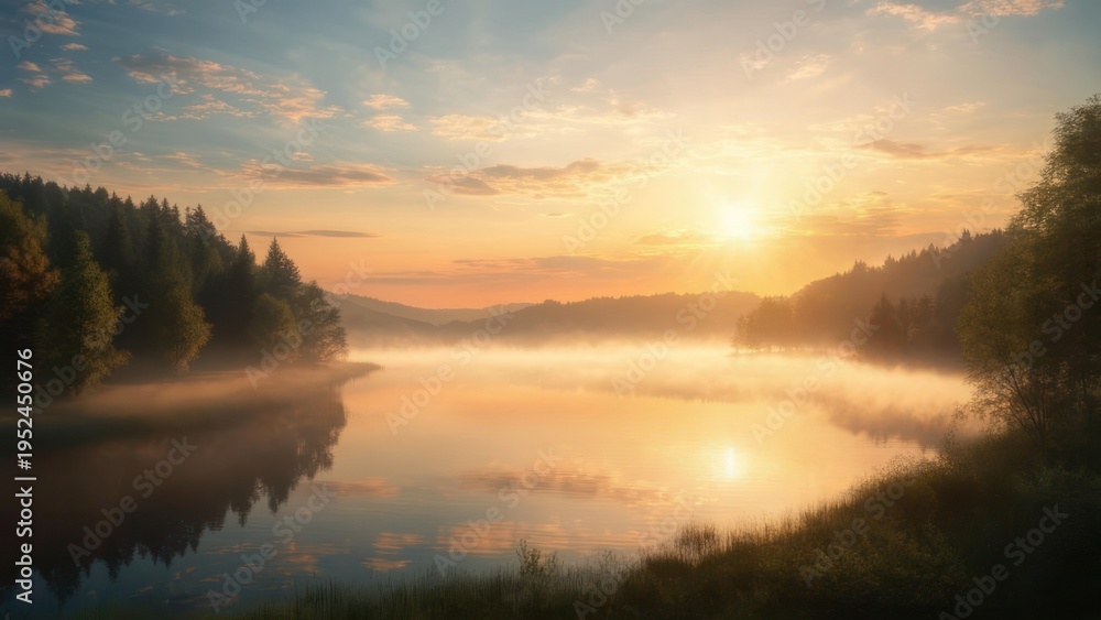 Fototapeta premium A scenic lake reflects a colorful sunrise, framed by trees and gentle mist