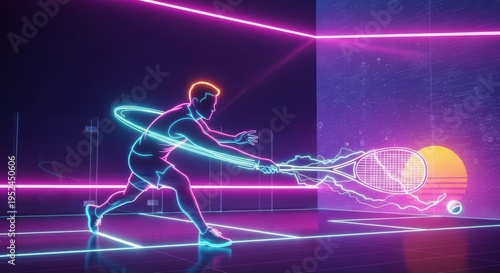 Neon Tennis Player in Retro Futuristic Arena, 80s Synthwave Style