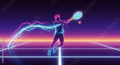 Neon Tennis Player in Retro Futuristic Court with Glowing Lines