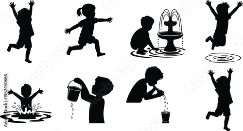 Children playing water silhouettes vector set, kids jumping splashing fountain activities, playful childhood summer recreation isolated illustration collection