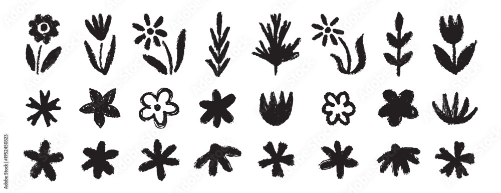 Fototapeta premium Grunge trendy doodle flowers leaves set. Hand drawn brush flowers crayon, chalk texture. Flowers textured collection