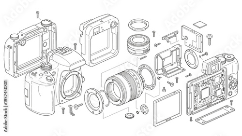 Digital camera exploded view, CAD technical engineering diagram