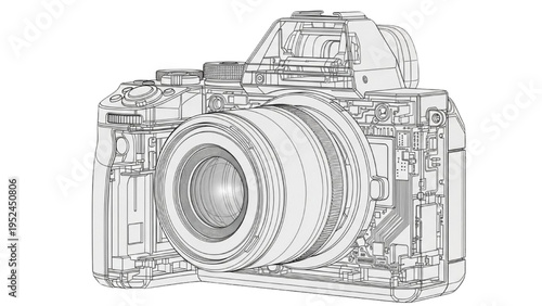 Digital camera front cutaway, CAD technical engineering drawing