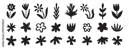 Grunge trendy doodle flowers leaves set. Hand drawn brush flowers crayon, chalk texture. Flowers textured collection