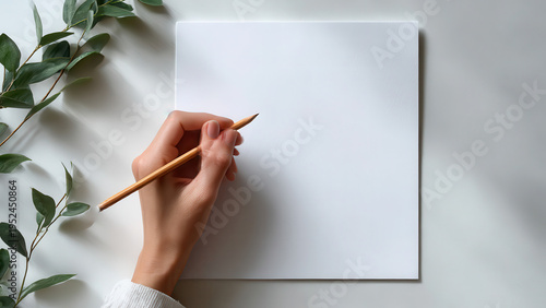 A hand holds a pencil over a blank paper, ready to write or draw, surrounded by fresh eucalyptus leaves.