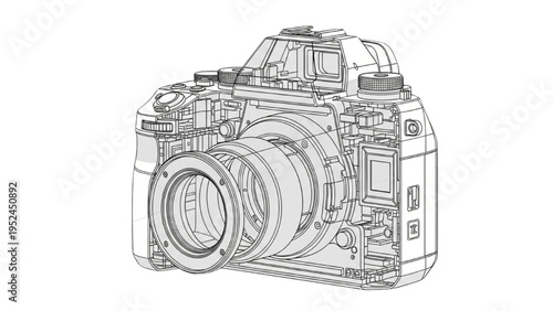 Digital camera perspective view, CAD style technical illustration