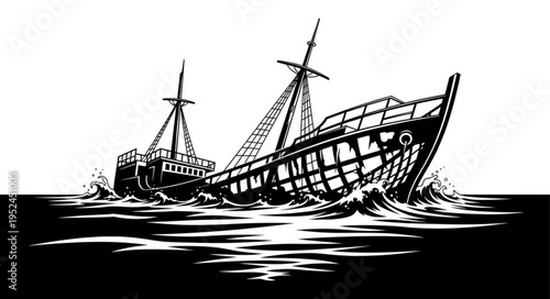 Wrecked Ship Sinking in the Ocean Waves Illustration.