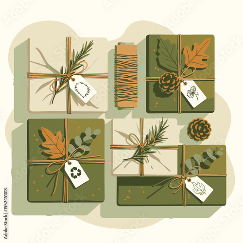 Beautifully Wrapped Gifts with Natural Decorations.