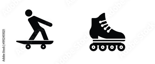 Skateboarding and roller skating silhouette icon set featuring skater person and inline skates for extreme sports recreation vector illustration or editable stroke