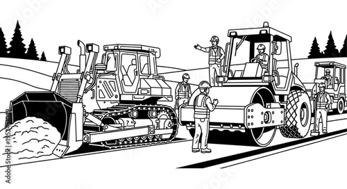 Construction Site with Bulldozer and Steamroller Illustration.