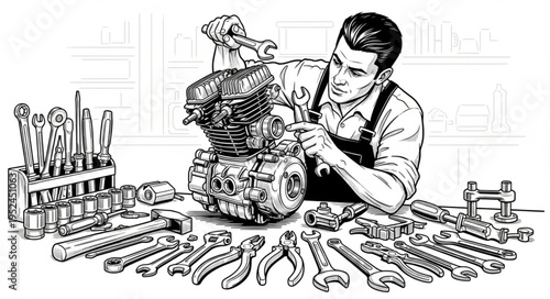 Man Repairing Motorcycle Engine with Tools in Workshop Illustration.