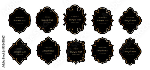 Elegant black vintage label collection with ornate decorative frames, luxury badge shapes and classic blank templates, refined emblem set for branding and packaging design. Vector illustration