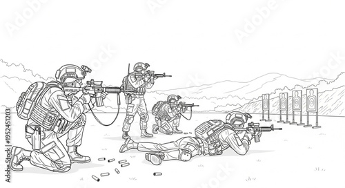 Line Art Depiction of Soldiers in Combat Formation.