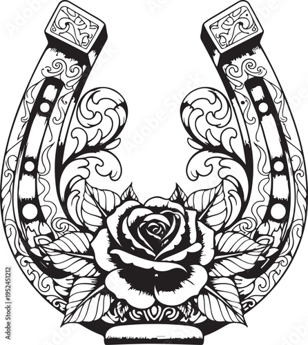 Horseshoe icon with flower. . Silhouette horseshoe. Symbol of happiness and wealth. Vector illustration