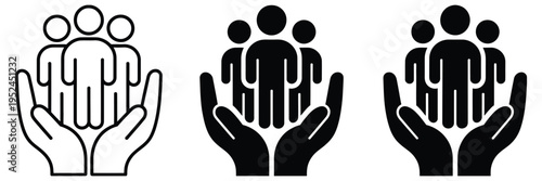 Hands holding a group of people to symbolize support, teamwork and community care concept, unity and protection illustration with human figures supported by caring hands isolated on white background.