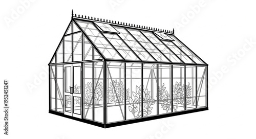 Detailed Line Art Illustration of a Greenhouse Structure.