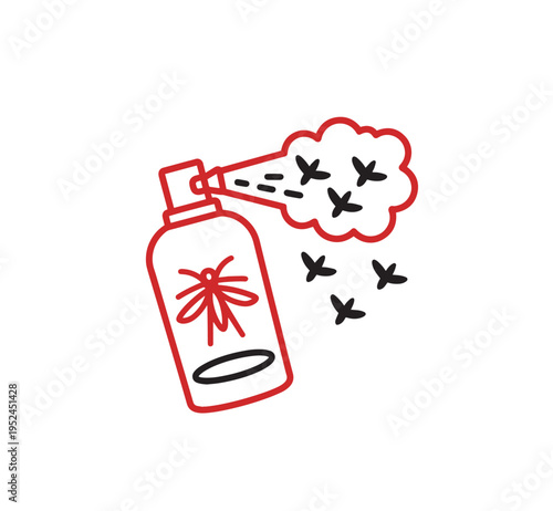 A bottle of mosquito repellent spray expelling a cloud with flying insect symbols