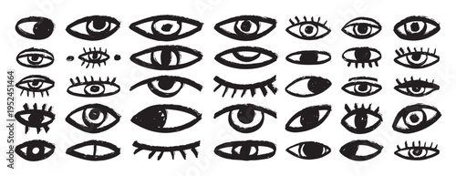 bizarre eyes hand drawn doodle brush set. Textured minimalistic grunge eyes rough collection 
