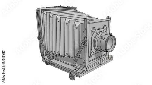 Large format camera, CAD style detailed technical illustration
