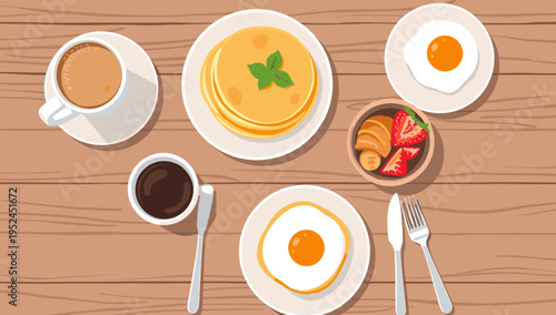 A minimalist top-down view of coffee cups on a warm wooden surface. Ideal for cafe promotions, blog posts about relaxation, or website backgrounds.