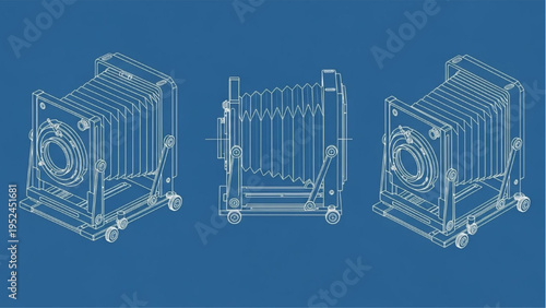 Large format camera blueprint set, CAD multi view technical drawing