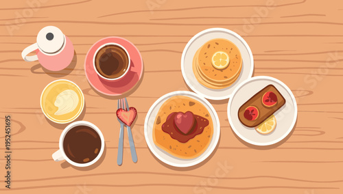 A cozy overhead shot of two coffee cups on a light wooden surface evokes a relaxing atmosphere, ideal for cafe promotions, blog imagery, or representi