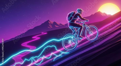 Retro Cyclist Ascending Mountain Trail with Neon Light Trails at Sunset