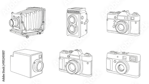 Vintage camera icons set, CAD style technical line drawings