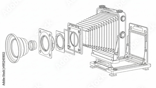 Large format camera lens assembly, CAD exploded technical drawing