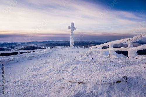 Tarnica summit cross winter panorama, Bieszczady Mountains
