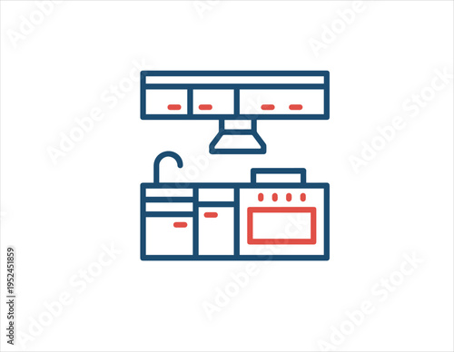 A graphic depicting a modern kitchen interior setup with cabinets, sink, and oven in a line art style