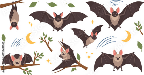 Flat vector illustration set of brown bats in various flying and hanging poses with crescent moons, stars, and green leaves for Halloween or nature design.