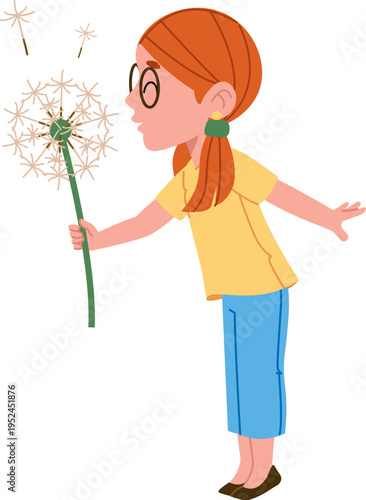 Girl Blowing Dandelion Cartoon
